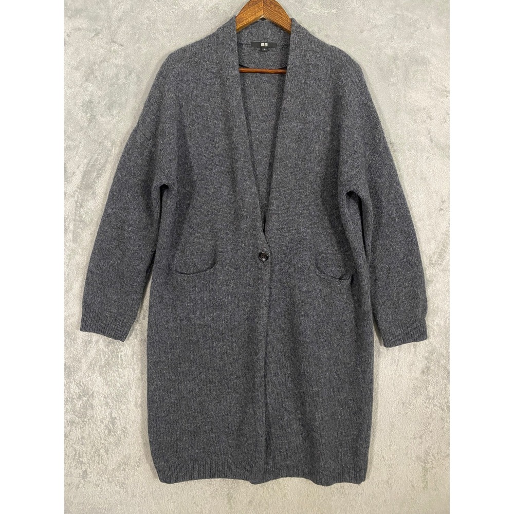 Uniqlo Cardigan Sz M Gray 100% Wool Longline Single Button Pocket Sweater Cozy